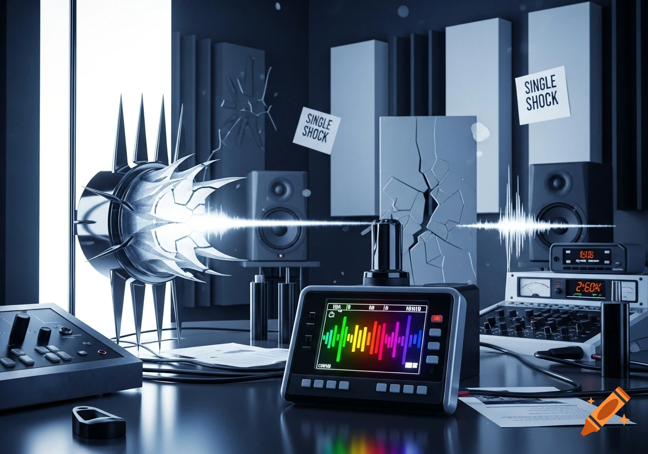 Stylized sound studio with a device emitting a glowing sound wave, cracked sound panels, and 'SINGLE SHOCK' notes.