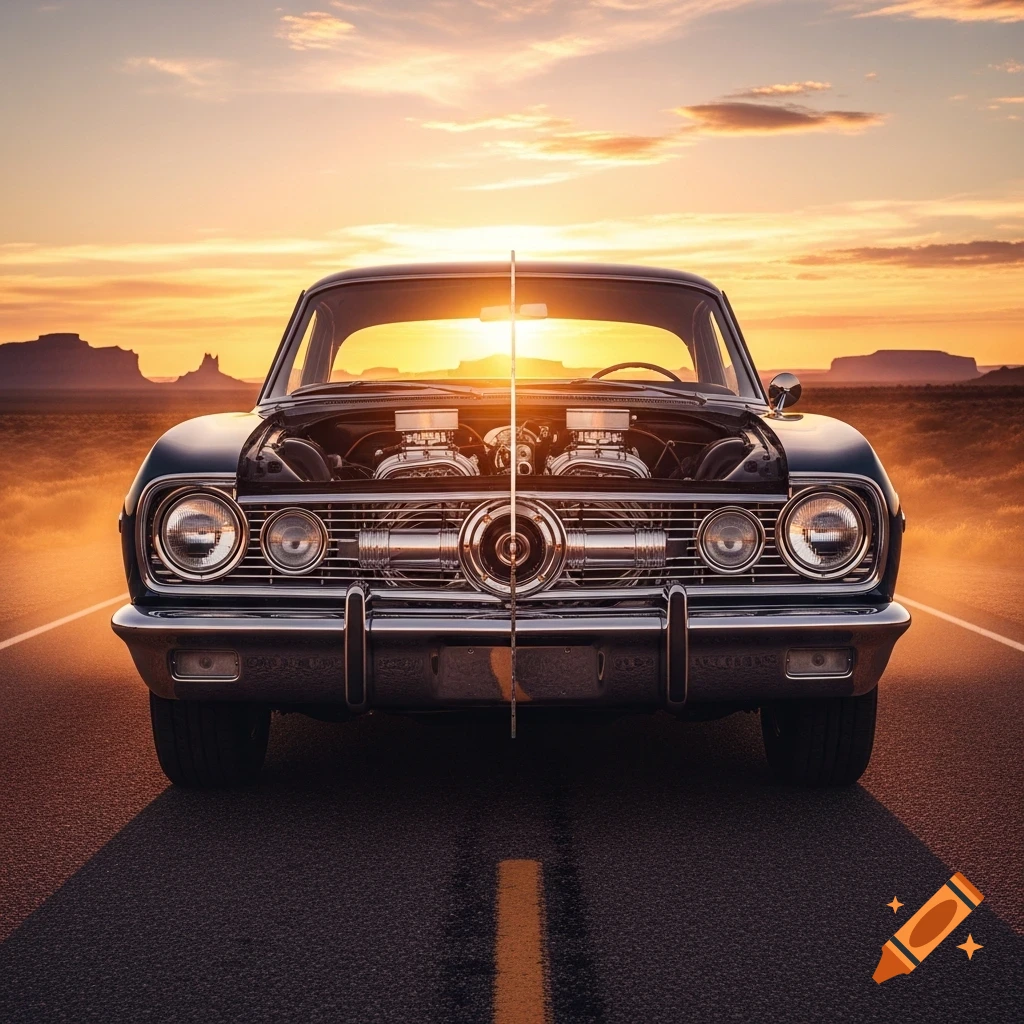 A classic car with an exposed engine, appearing to be bisected, on a desert road at sunset.