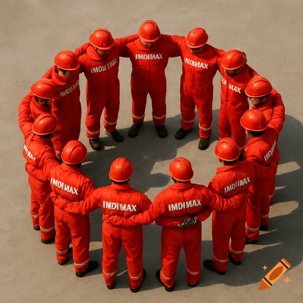 A group of workers in red coveralls and helmets standing in a circle, arms around each other's shoulders, viewed from above.