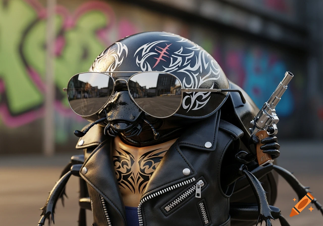 A photorealistic beetle in a leather jacket and aviator sunglasses, with tattoos and a scar, holding a small revolver against a blurry graffiti background.