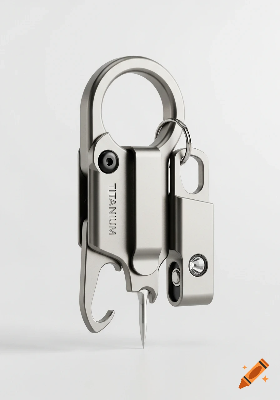 Close-up, photorealistic image of a silver titanium multi-tool with a carabiner, bottle opener, and a sharp point.