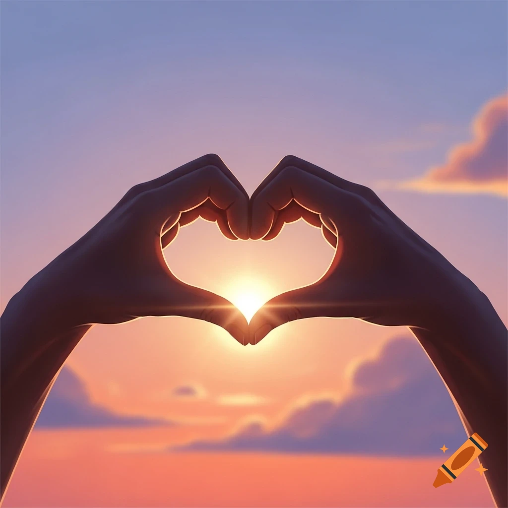 Silhouetted hands forming a heart shape around a bright sun setting over a gradient sky.