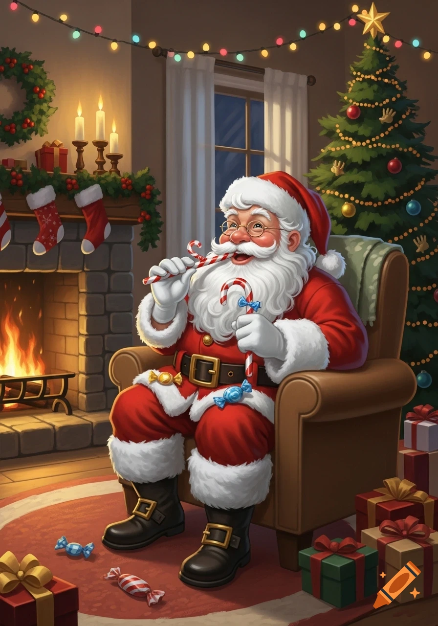 Santa Claus sits in an armchair in a festive Christmas living room, eating candy canes.