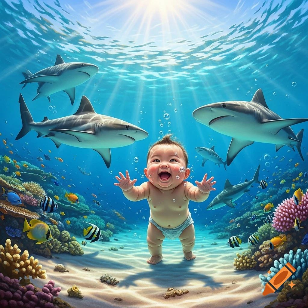 A smiling baby in a diaper stands on a sandy ocean floor, surrounded by large, gentle sharks, colorful fish, and coral, with sun rays piercing the water.