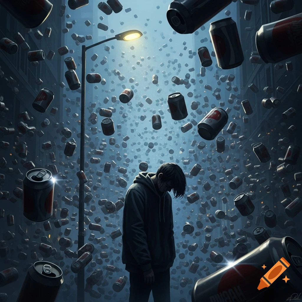 A devastated person stands under a streetlamp as countless soda cans float and rain down around them in a dark, city-like setting.