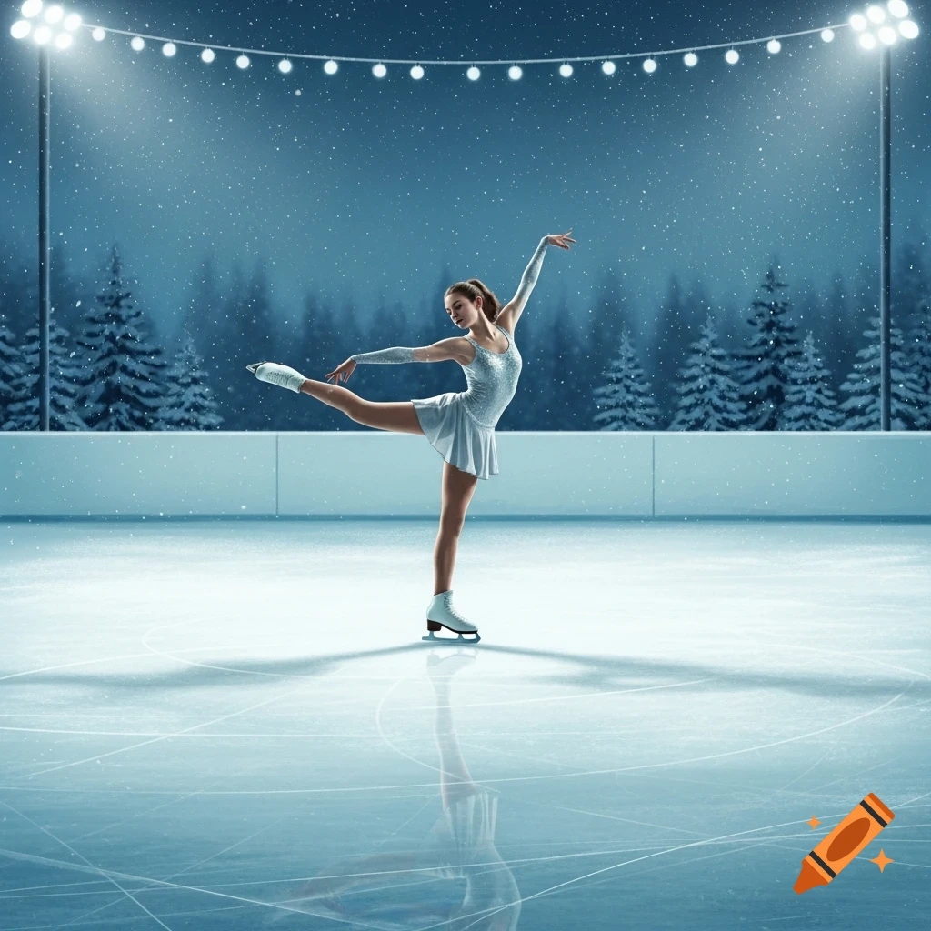 A female figure skater in a white sequined leotard performs a graceful pose on an outdoor ice rink with falling snow and stadium lights at night.