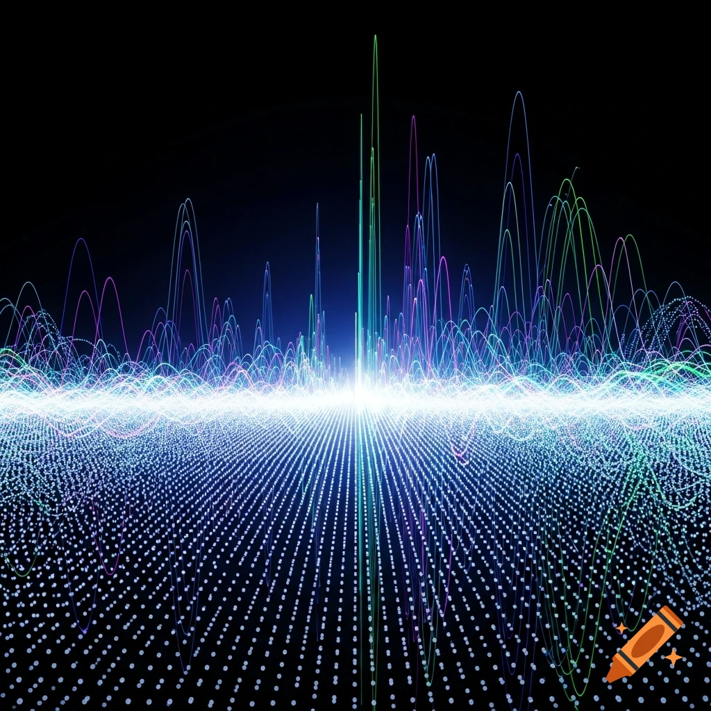 Vibrant abstract image of glowing blue and green light waves rising from a grid of dots on a dark background.