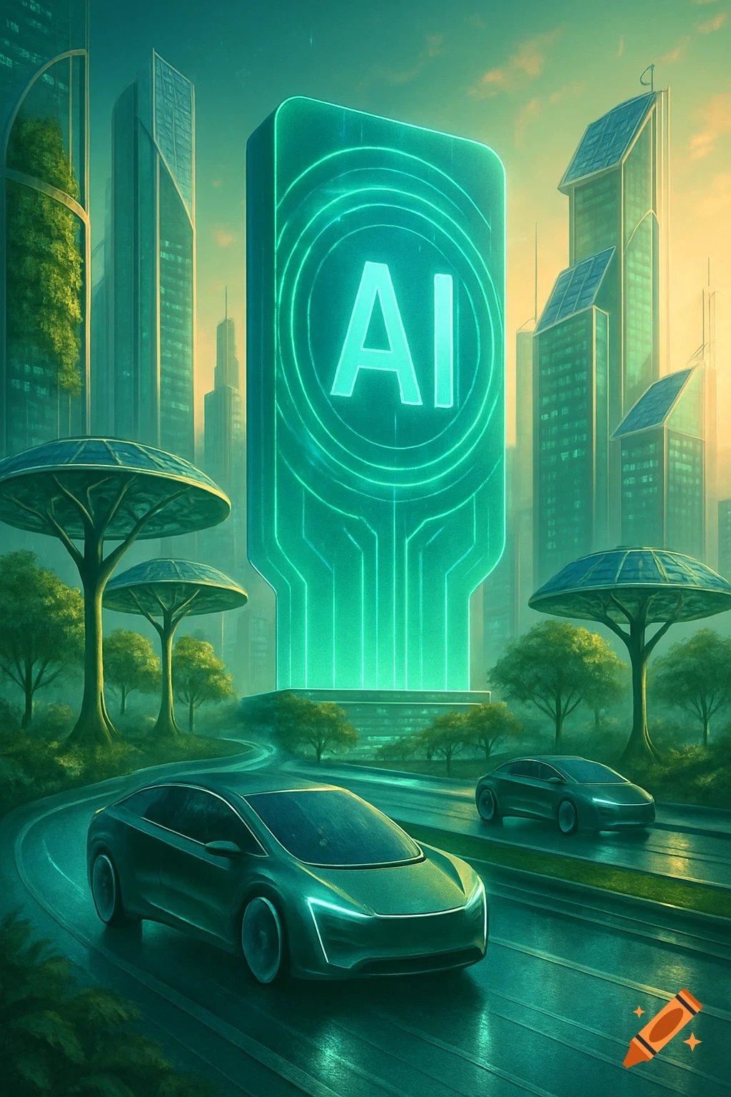 Futuristic city with tall buildings, self-driving cars on a road, and a large glowing 'AI' sign. Green trees and a sky with warm hues.