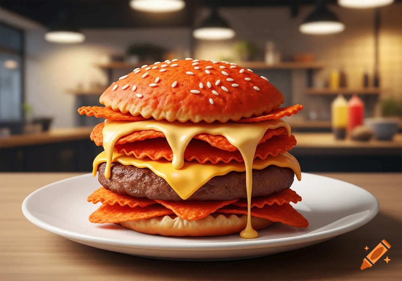 A close-up of a burger with an orange bun, sesame seeds, layers of wavy orange chips, a beef patty, and melting yellow cheese dripping.