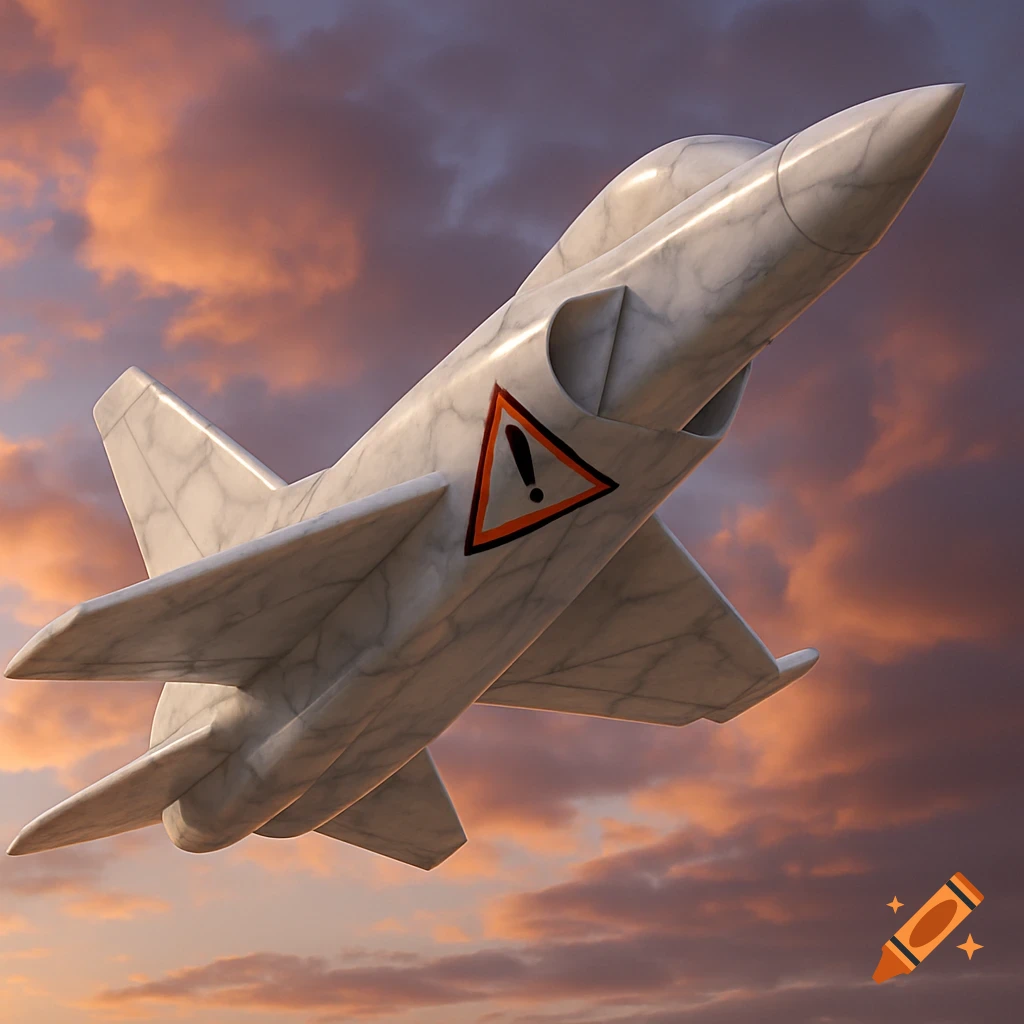 A sleek, white marble airplane with a red warning triangle flies through a dramatic sunset sky.