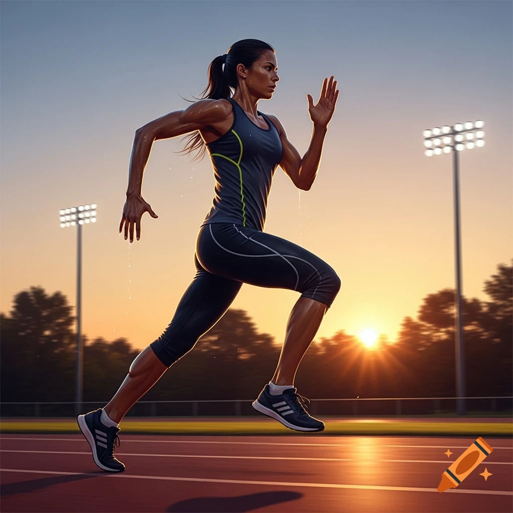 A fit woman runs on a track at sunset, stadium lights shining.