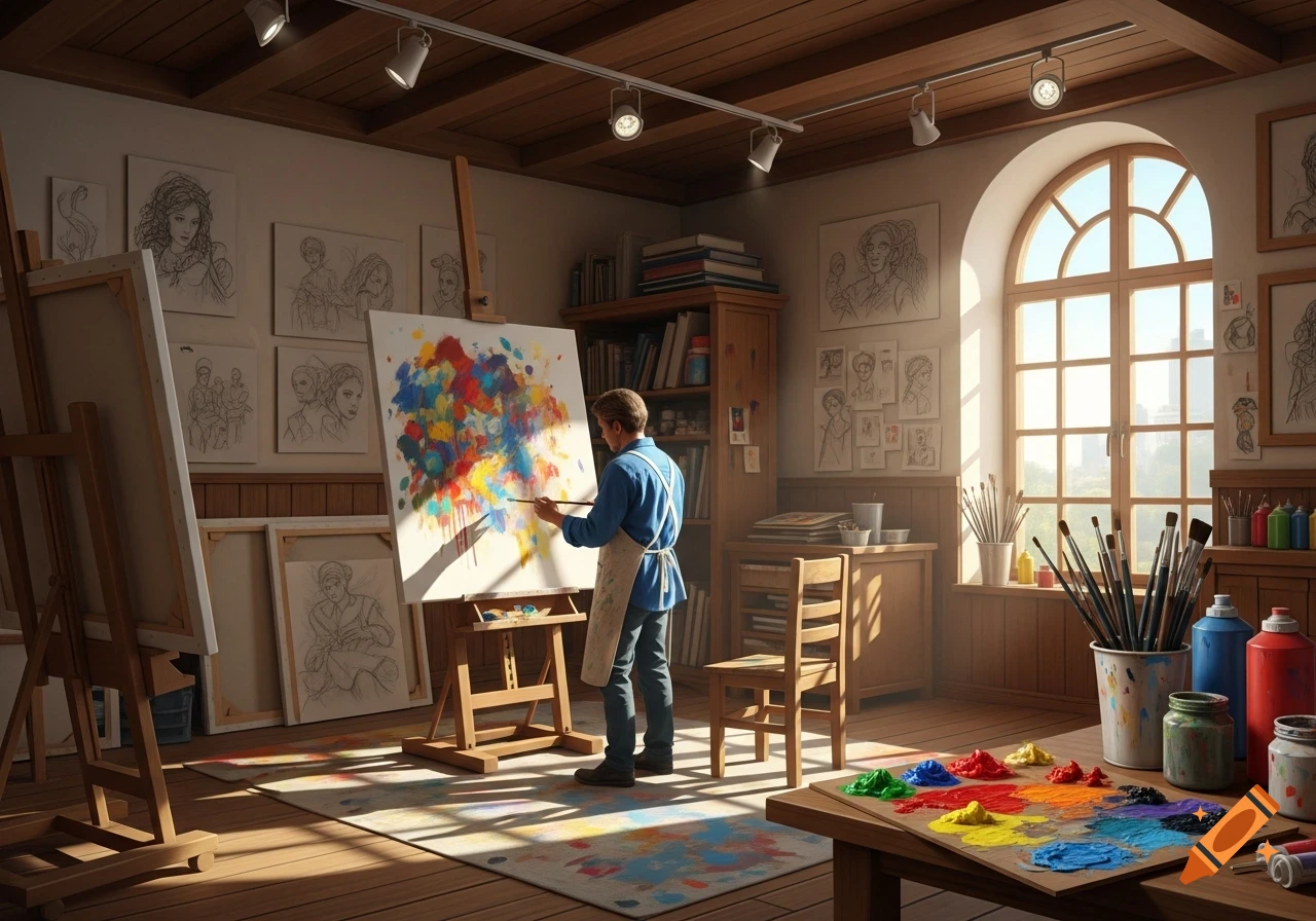 An artist in a blue shirt and apron paints a vibrant abstract piece on an easel in a sunlit art studio, surrounded by sketches and art supplies.