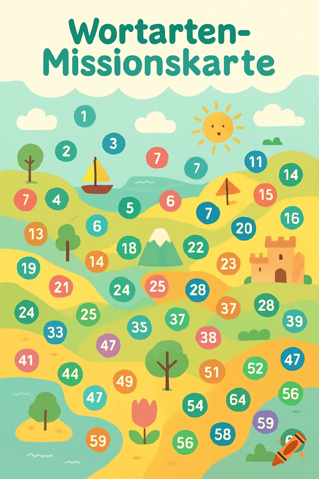 Colorful child-friendly map with the title 'Wortarten-Missionskarte' and 64 numbered stations in a flat illustration style.