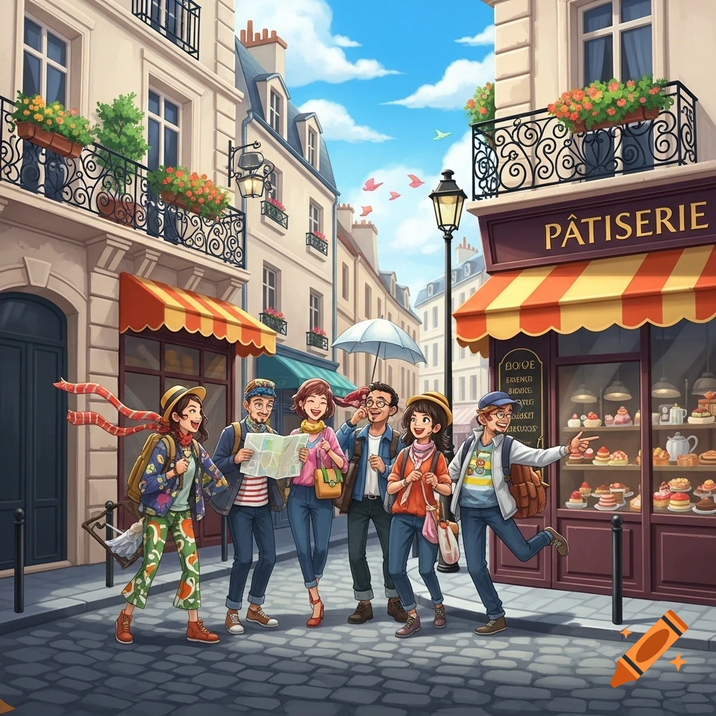 Five animated tourists walk down a sunny Parisian street, looking at a map and a patisserie shop window.