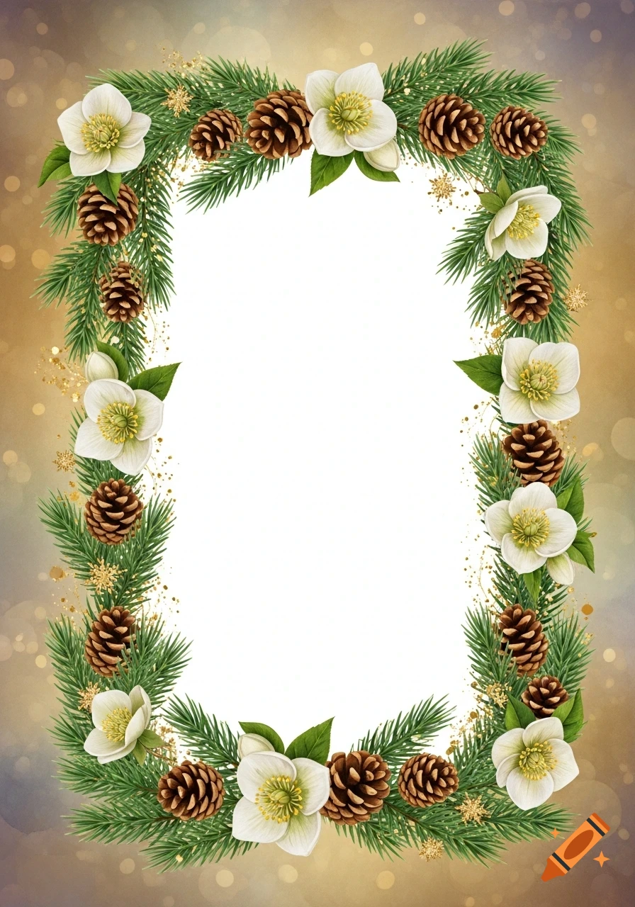 A festive Christmas frame with pine branches, pine cones, white hellebore flowers, and golden sparkling accents on a bokeh background.