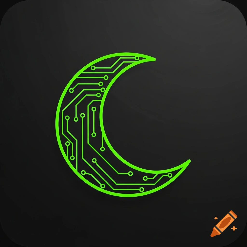 A glowing neon green crescent moon icon, stylized with circuit board lines, on a dark charcoal background.