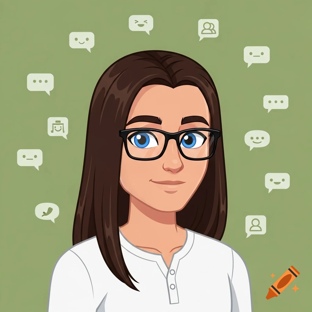Cartoon avatar of a smiling person with long dark hair, glasses, and a white shirt against a green background with chat bubbles.
