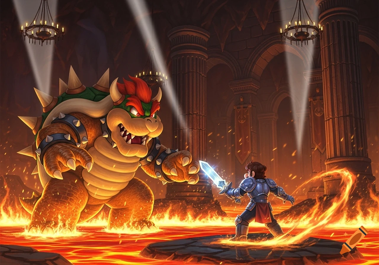 Bowser in a fiery dungeon faces off against a knight-armored Mario wielding a glowing sword, surrounded by lava.