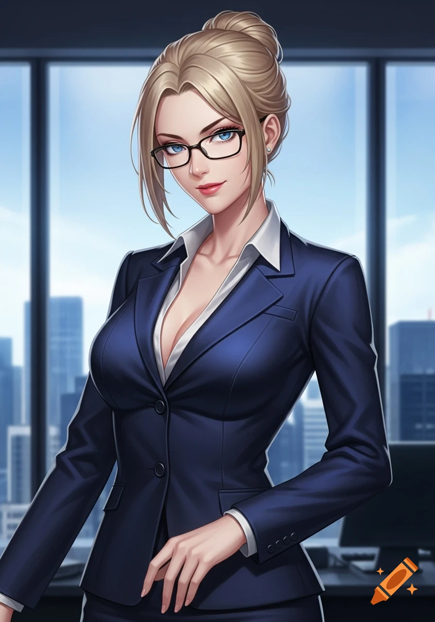 Anime woman with blonde bun, blue eyes, glasses, and a smug expression in a low-cut business suit, standing in an office.