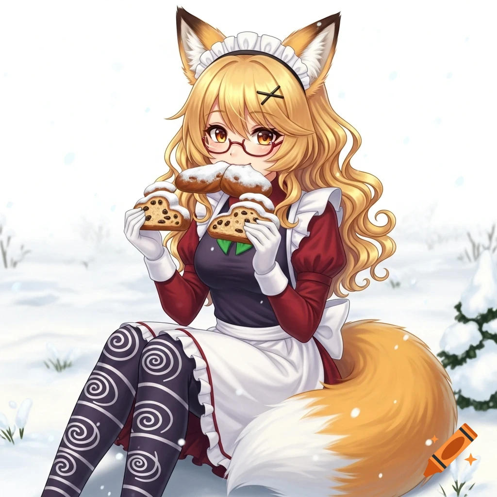 An anime foxgirl maid with blonde hair, glasses, and a fluffy tail sits in the snow, eating powdered bread slices.