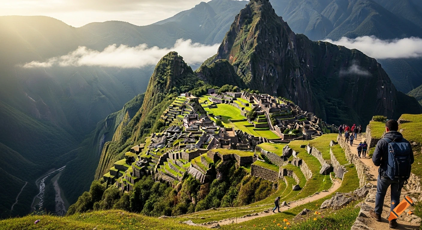 Photorealistic aerial view of Machu Picchu, with ancient stone buildings, green terraces, winding trails, and tourists, surrounded by majestic mountains at sunrise.