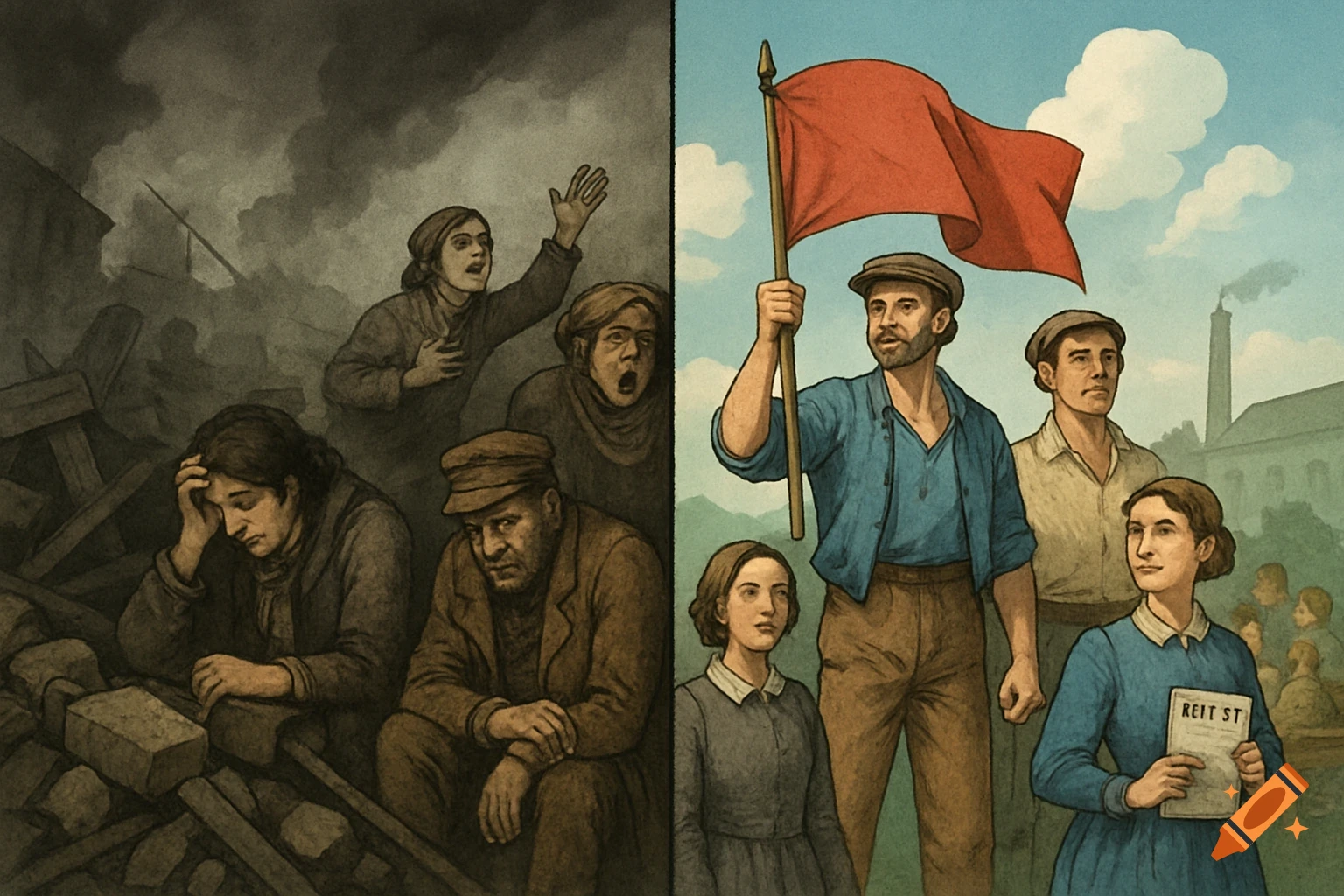 Illustration showing a split scene: on the left, despairing people in a smoky, ruined area; on the right, hopeful workers with a red flag.