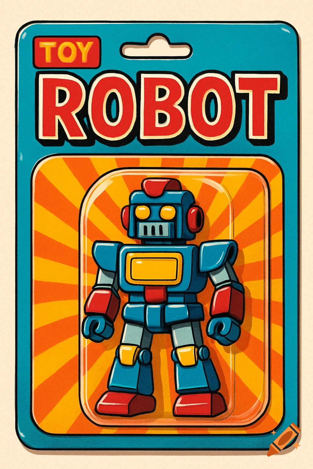 Retro cartoon illustration of a blue robot toy in a blister pack, with 'TOY ROBOT' text on the teal card backing.