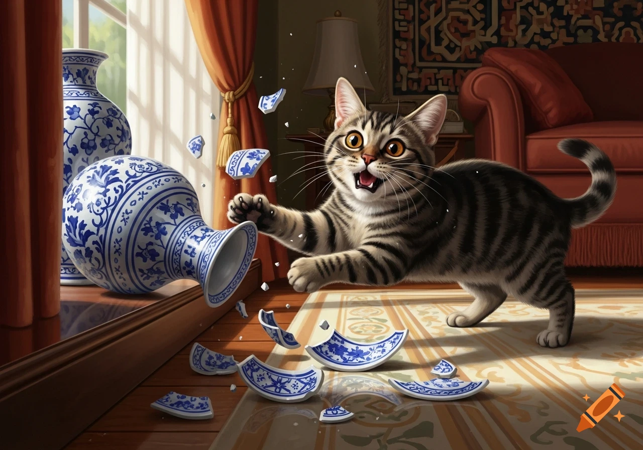 A wide-eyed tabby cat with outstretched paws knocks over a blue and white patterned vase, causing it to shatter on a wooden floor.