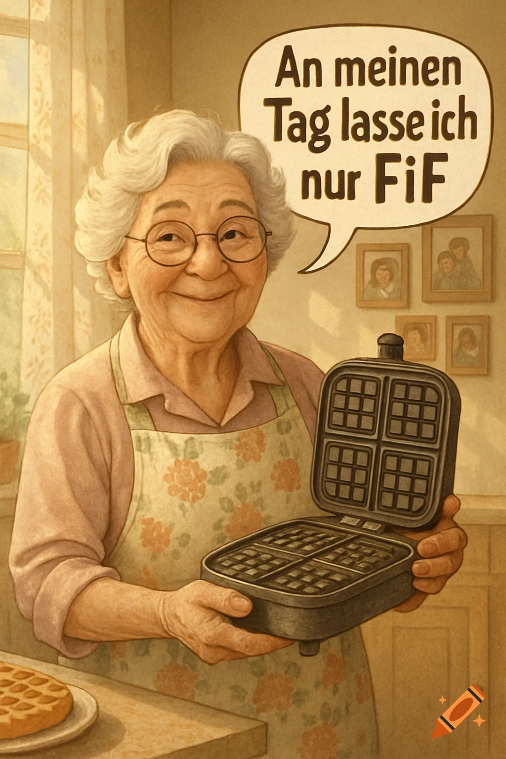 Illustrated grandmother holding an open waffle iron, smiling, with a speech bubble saying 'An meinen Tag lasse ich nur FiF'.