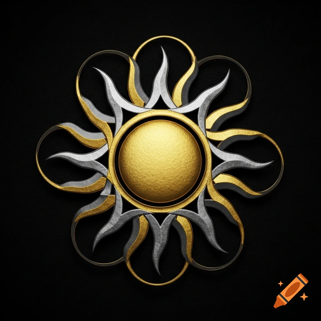 Abstract sun symbol with a central gold sphere and surrounding silver and gold flowing rays on a black textured background.