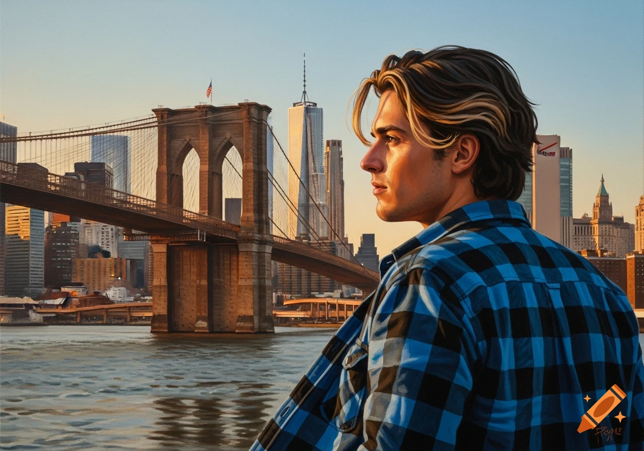 An oil painting of a man in a blue plaid shirt looking at the Brooklyn Bridge and NYC skyline at sunset.