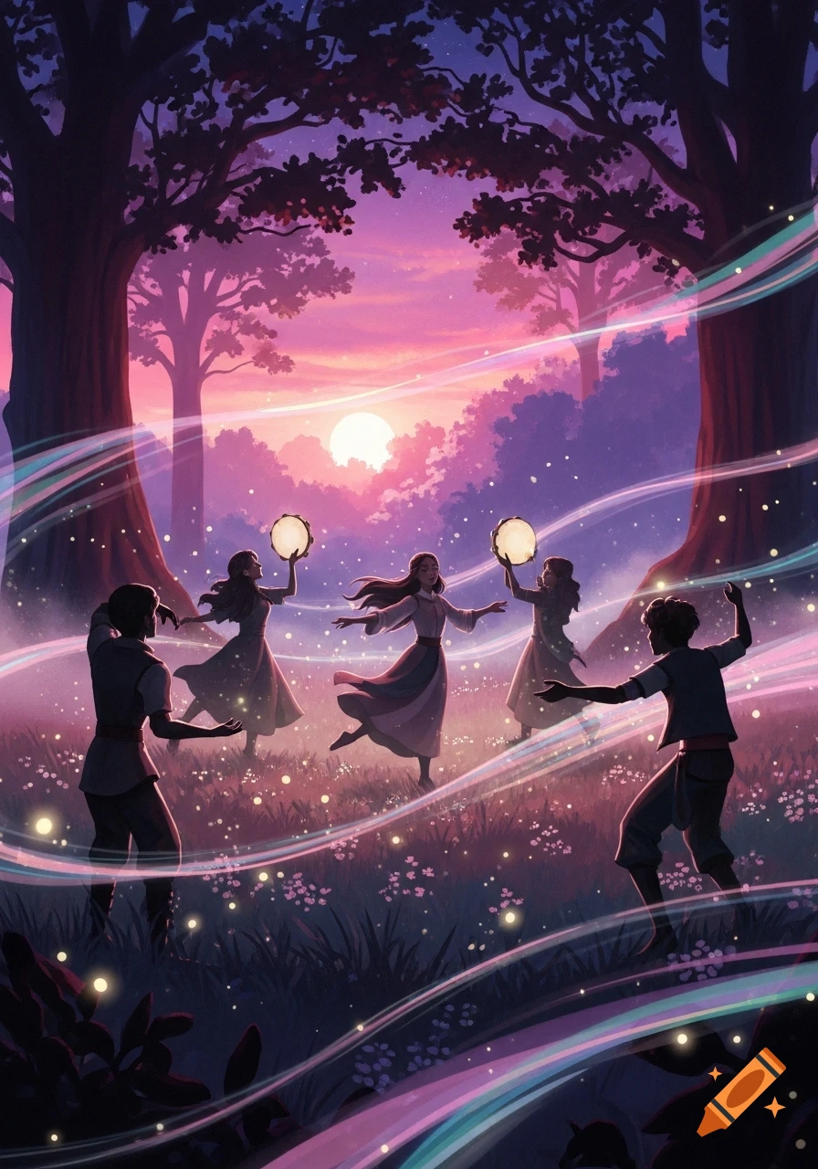 Five people dance with tambourines in an ethereal forest bathed in purple and pink sunset light, surrounded by glowing elements.