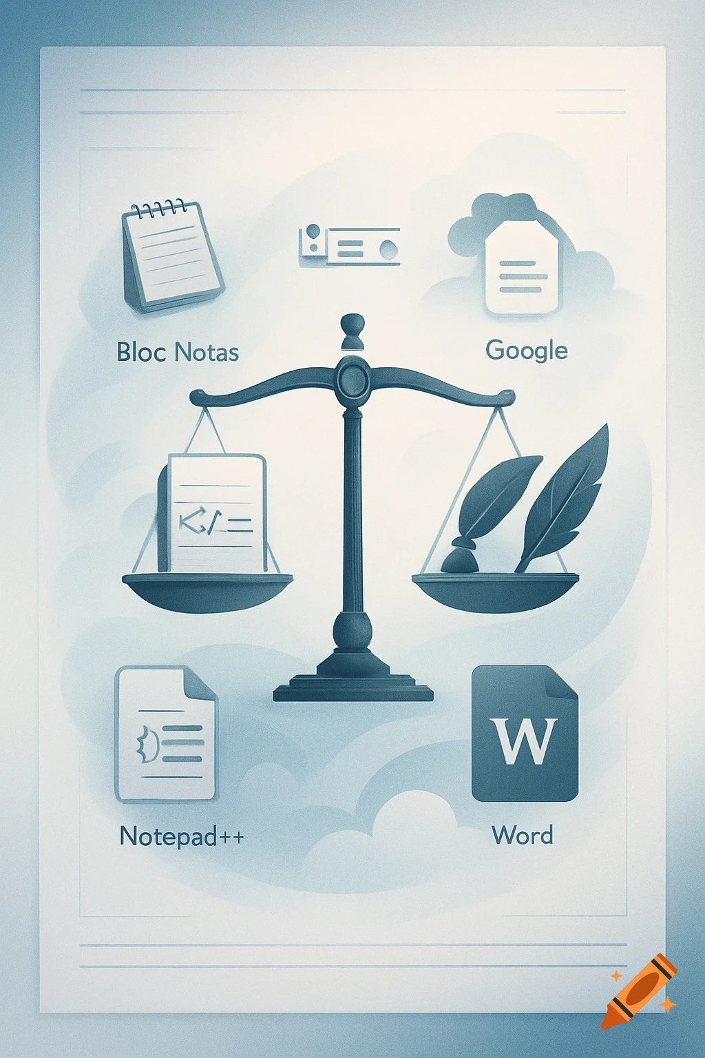 An illustration of a balance scale comparing text editors. On the left scale is a document with code symbols, and on the right are two quills. Around the scale are icons and text labels for 'Bloc Notas', 'Google', 'Notepad++', and 'Word'.