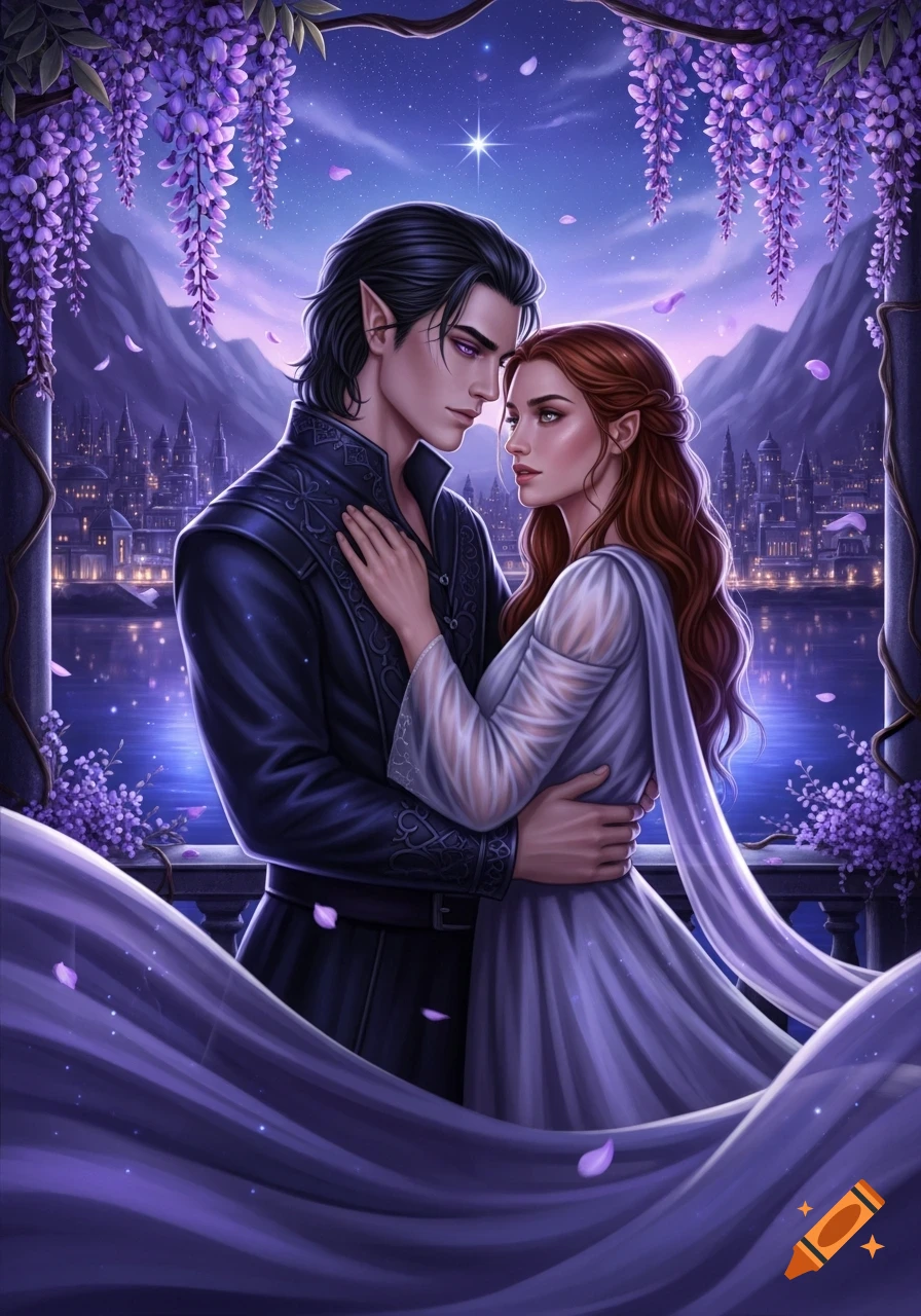 A fantasy illustration of an elf-like man and woman embracing on a balcony under a starry night sky, with wisteria flowers and a glowing city in the background.