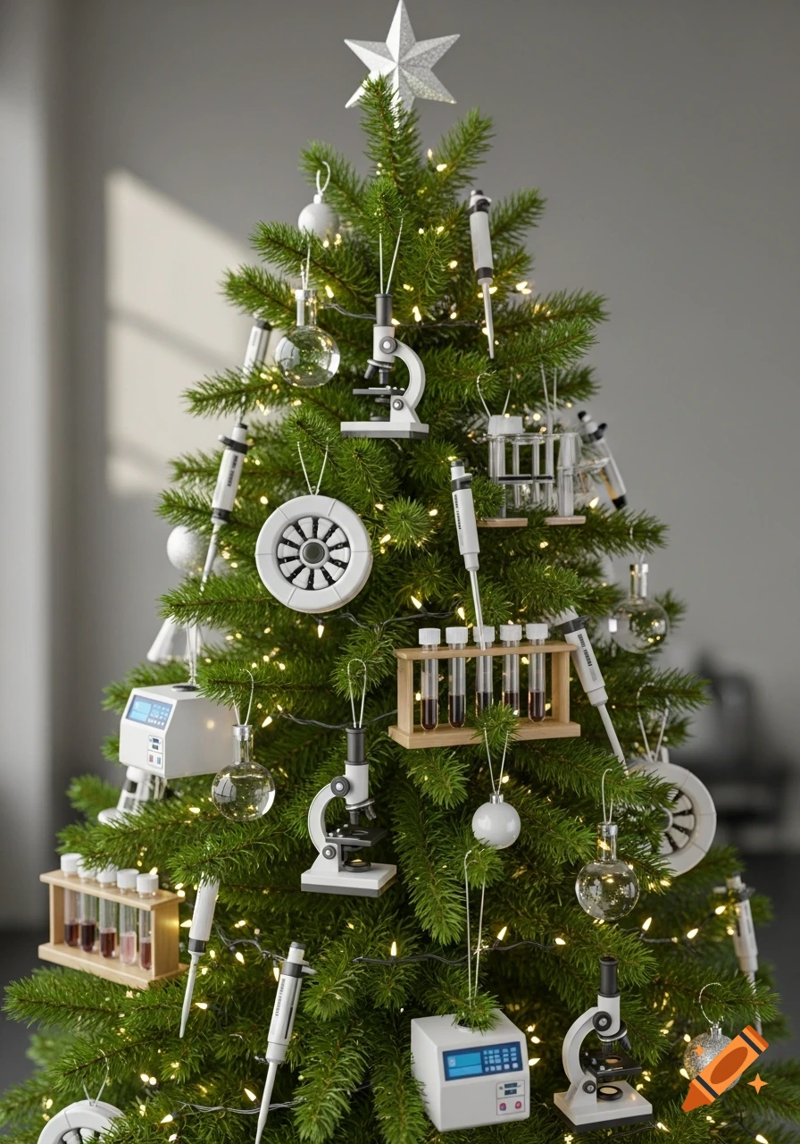 A festive Christmas tree decorated with miniature laboratory equipment ornaments like microscopes, test tubes, and pipettes.