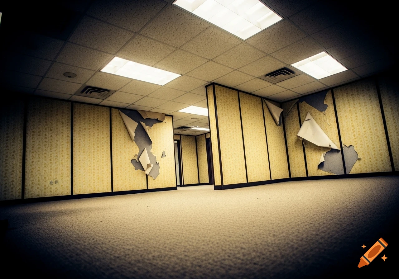 Low-angle view of an empty, unsettling office space with peeling yellow wallpaper, beige carpet, and fluorescent lights.