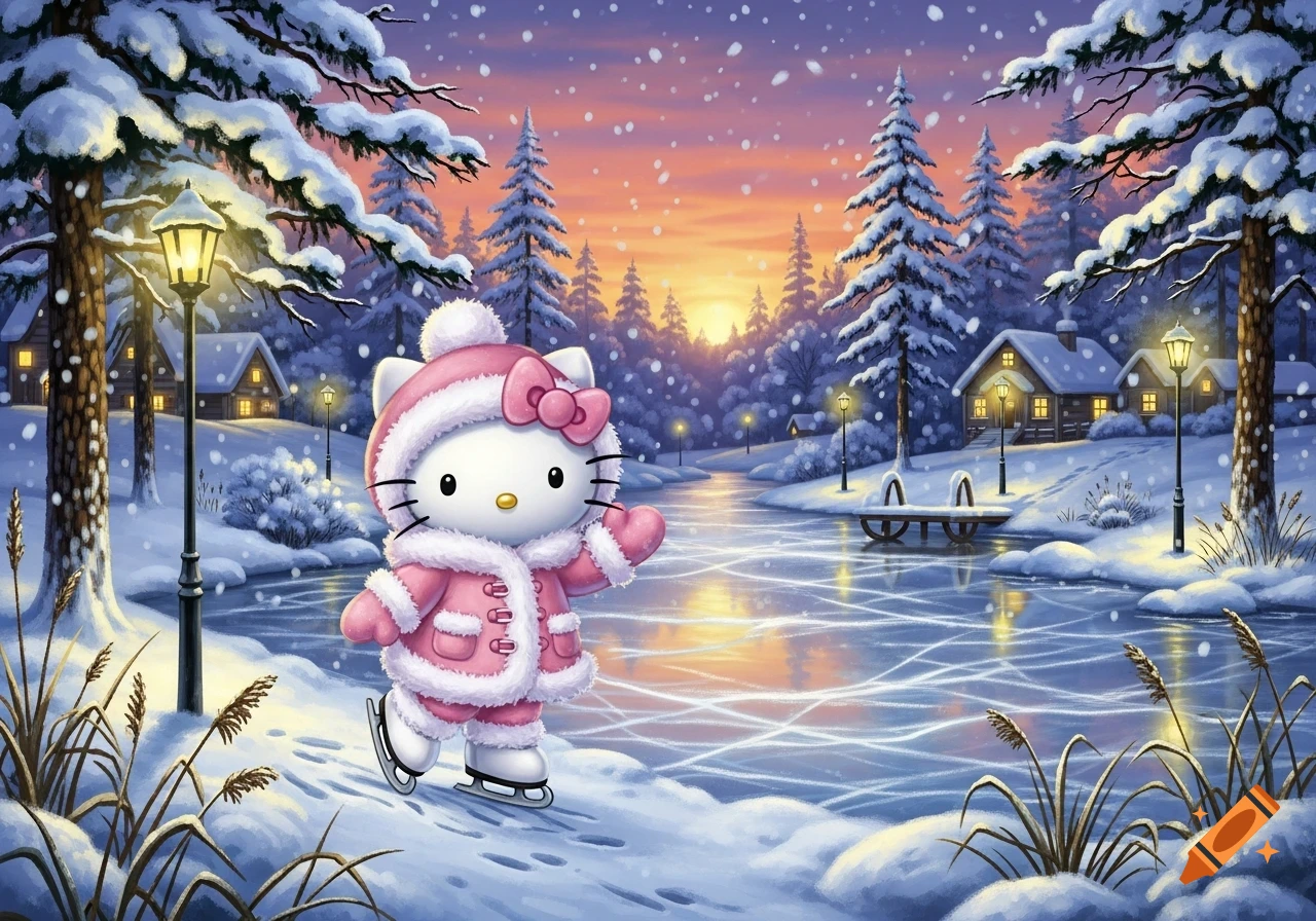 Hello Kitty ice skating on a frozen pond in a snowy winter village at sunset, cartoon illustration.