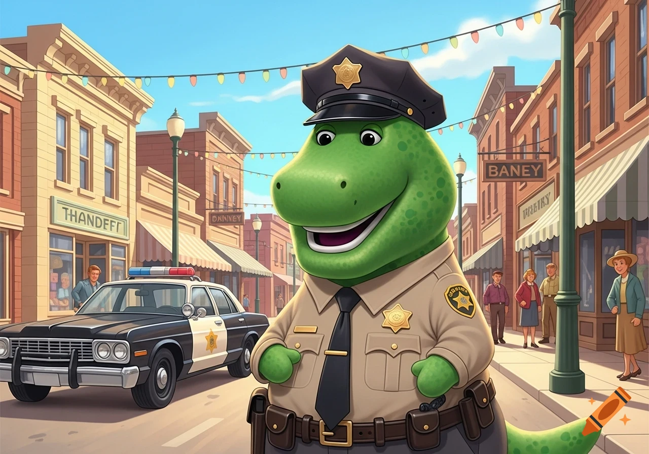 A cartoon green dinosaur dressed as a police officer stands on a sunny town street next to a police car, with shops and people in the background.