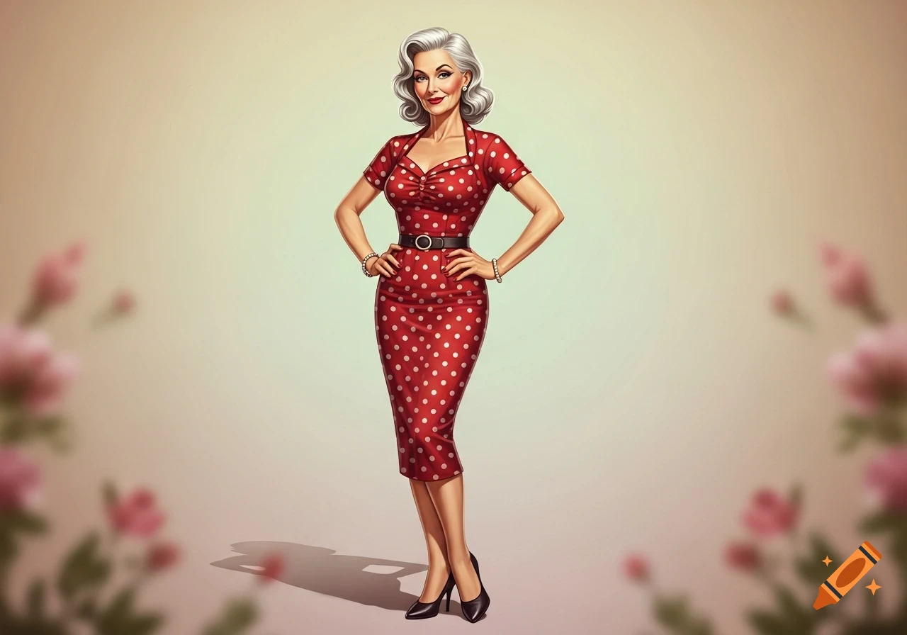 An illustration of a stylish older woman with silver hair in a red polka-dot dress, striking a confident pose.