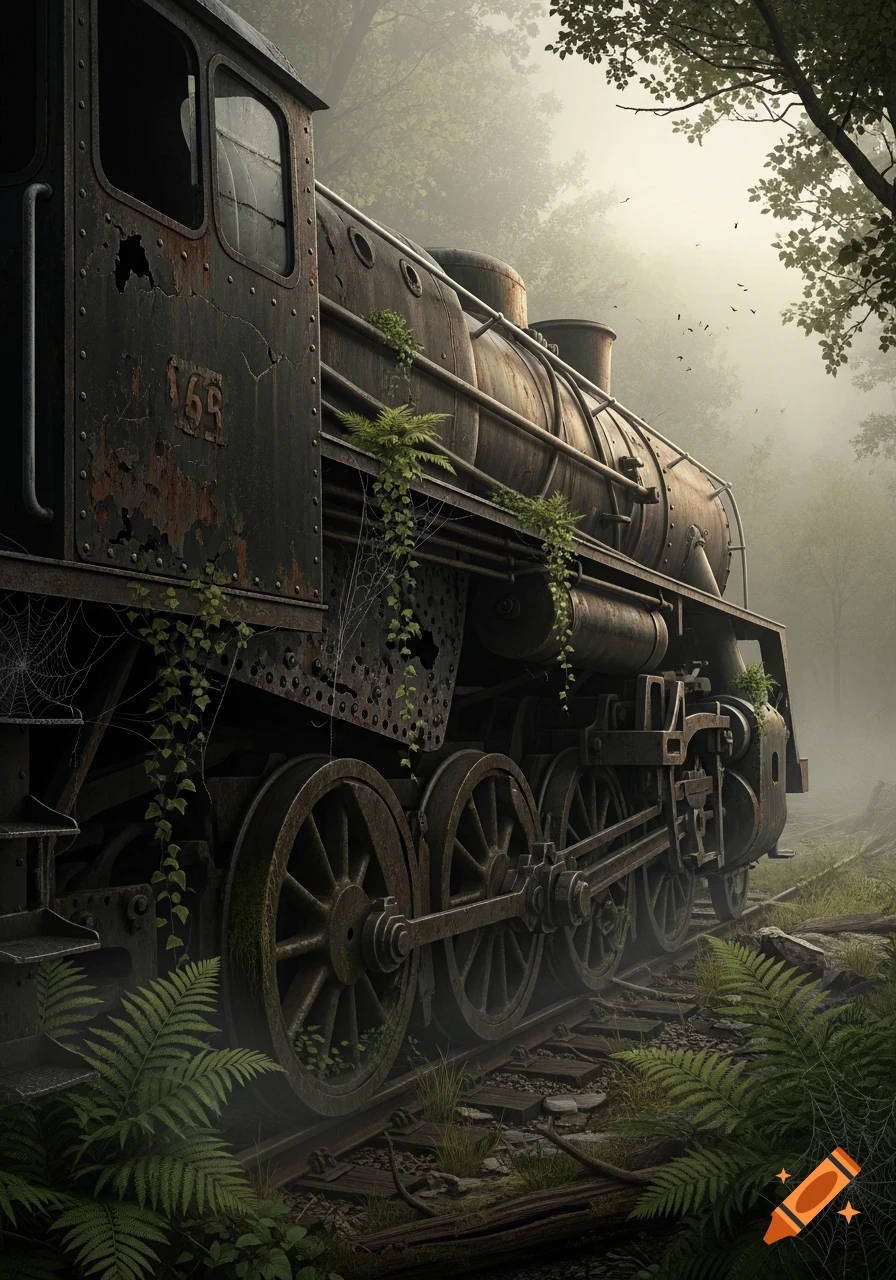 Photorealistic image of an old, rusty steam locomotive, overgrown with vines, on forgotten tracks in a misty, dark forest.