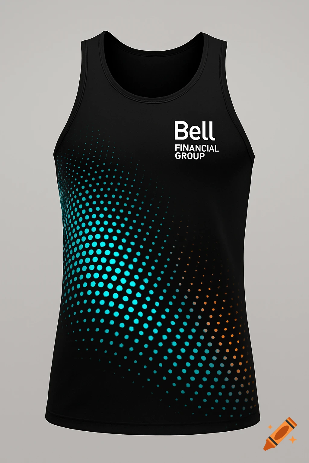 Black athletic singlet with 'Bell FINANCIAL GROUP' logo and a fading cyan-to-orange wave of dots pattern.