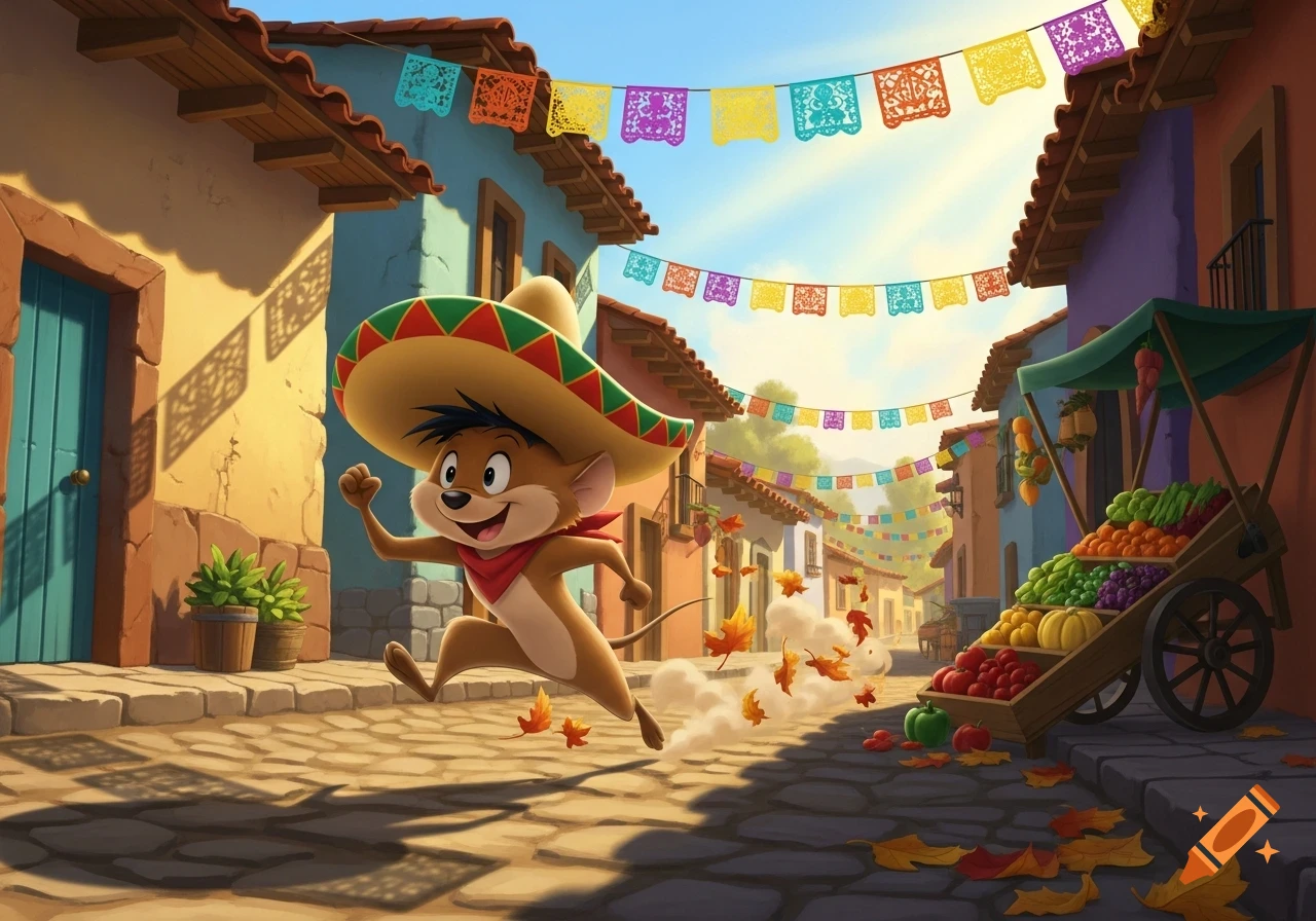 Speedy Gonzales, wearing a large sombrero, runs through a colorful Mexican village street lined with papel picado and a fruit stand.