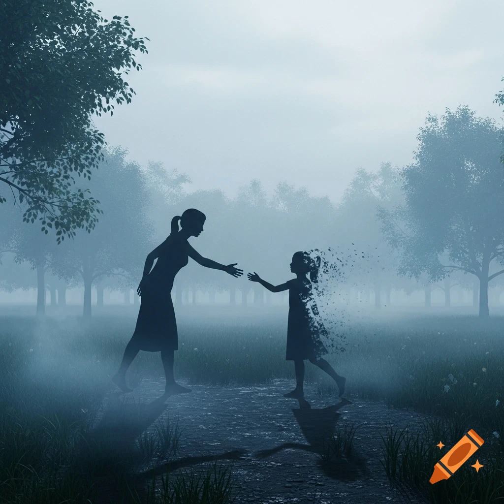 A silhouette of a mother reaches out to a dissolving child silhouette in a misty, overcast forest, symbolizing loss.