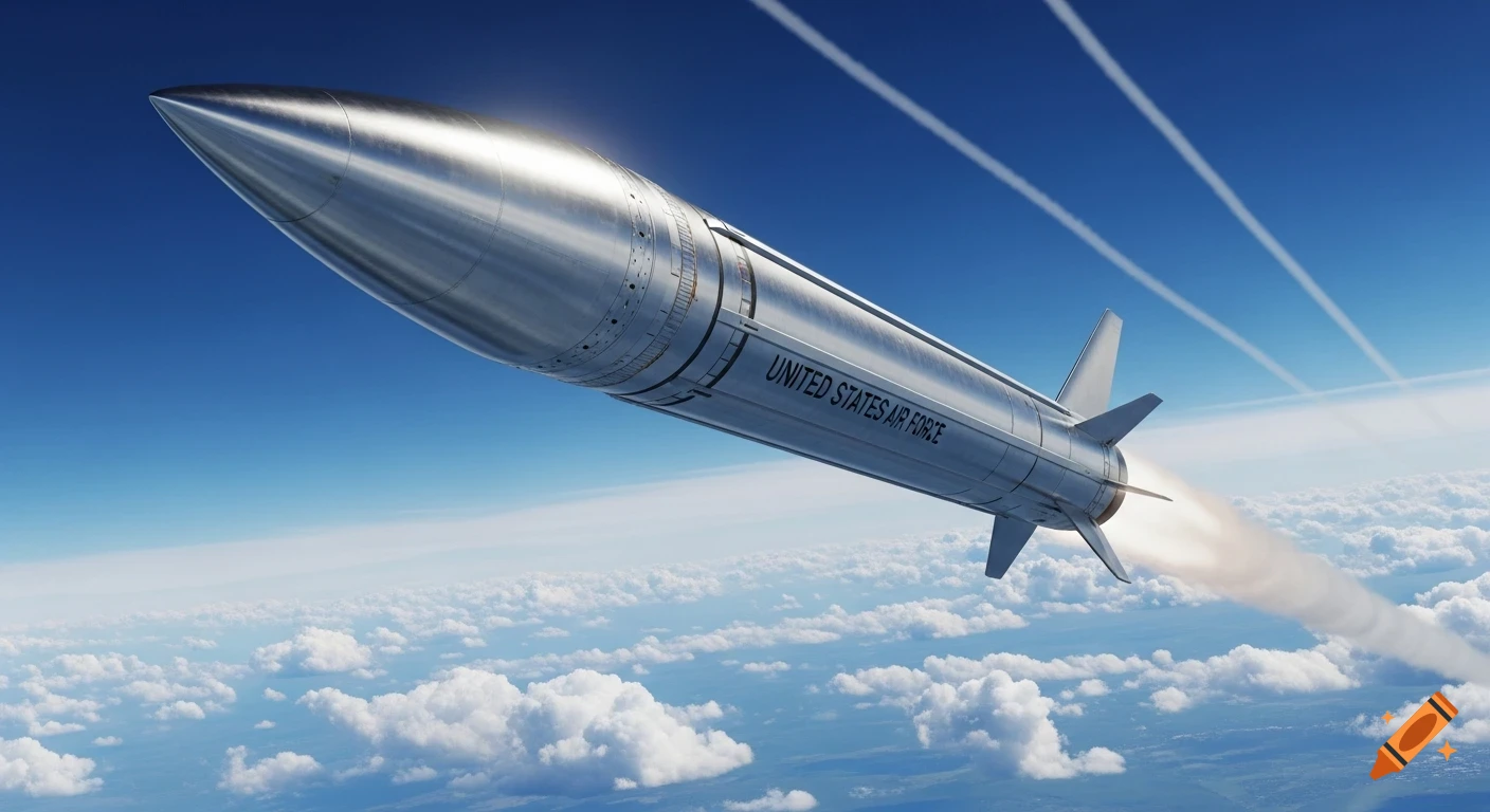 A large silver missile with "UNITED STATES AIR FORCE" written on its side, emitting exhaust as it flies through a blue sky above clouds.