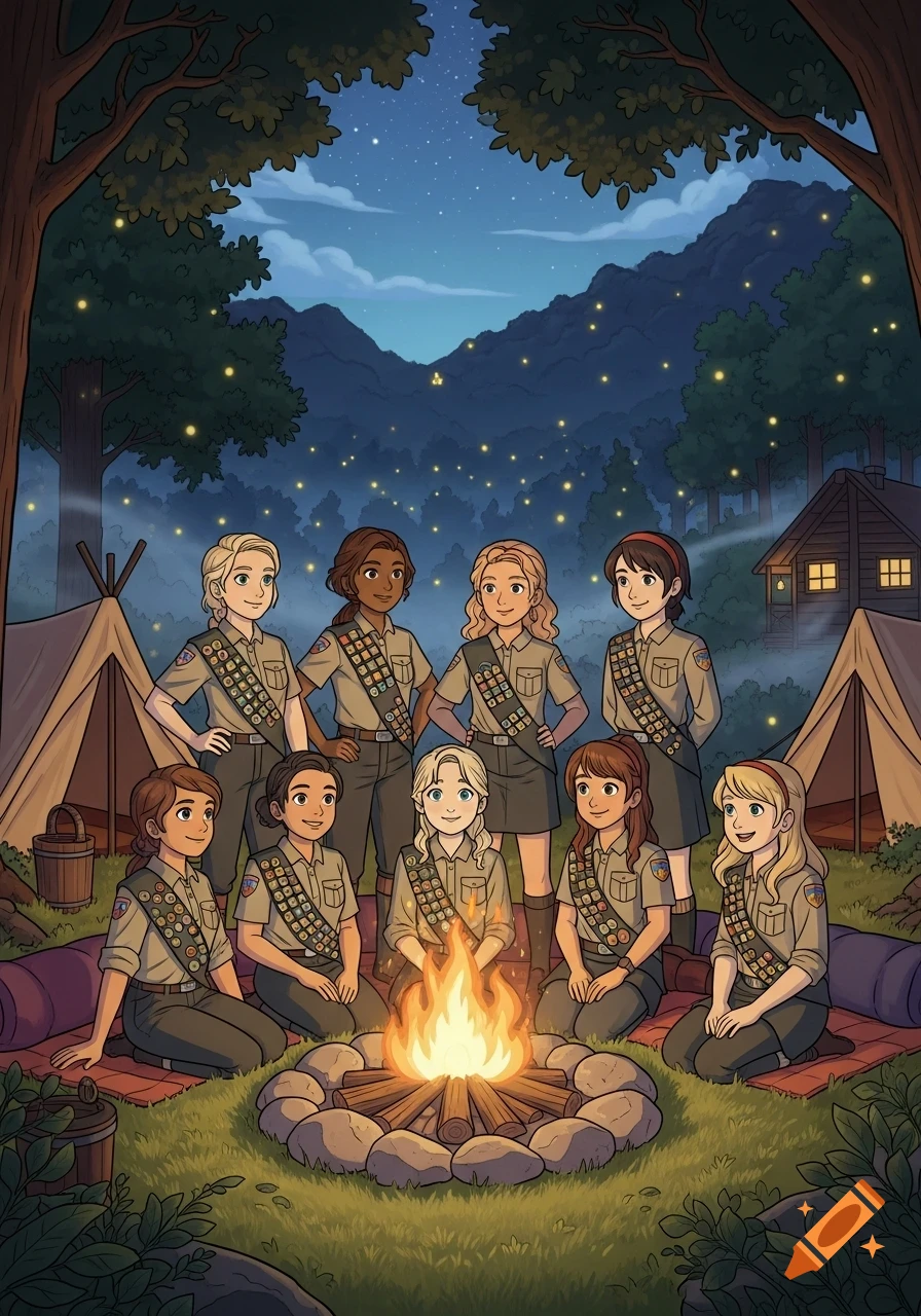 A diverse group of cartoon girl scouts sits and stands around a campfire at night in a forest with tents under a starry sky.