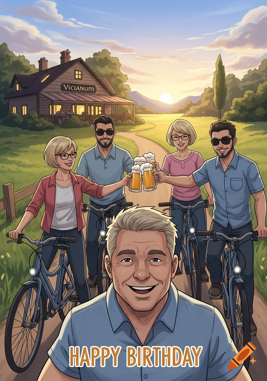 A cartoon illustration of five friends on a bike tour, toasting with beer mugs, with a restaurant in the background at sunset. Text reads 'HAPPY BIRTHDAY'.
