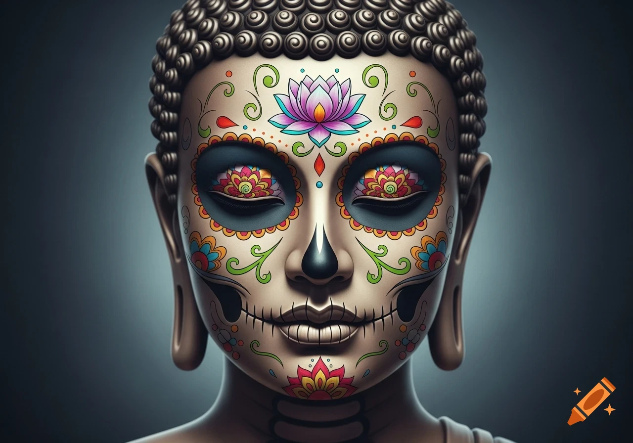 A close-up of a Buddha statue with colorful Dia de Los Muertos sugar skull makeup and a lotus flower on its forehead, eyes closed in meditation.