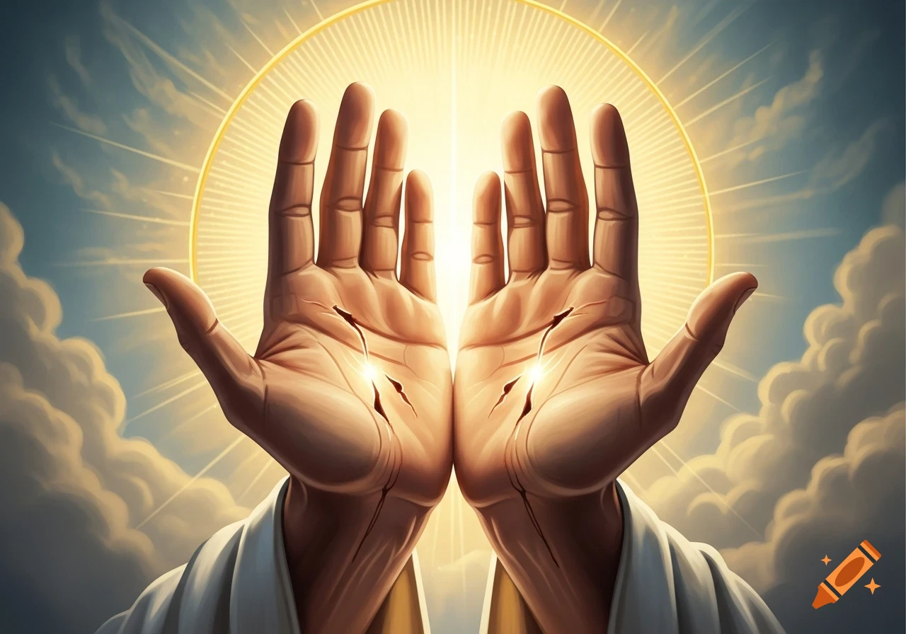Two hands with glowing stigmata wounds in their palms, reaching upwards against a radiant sun and cloudy sky.