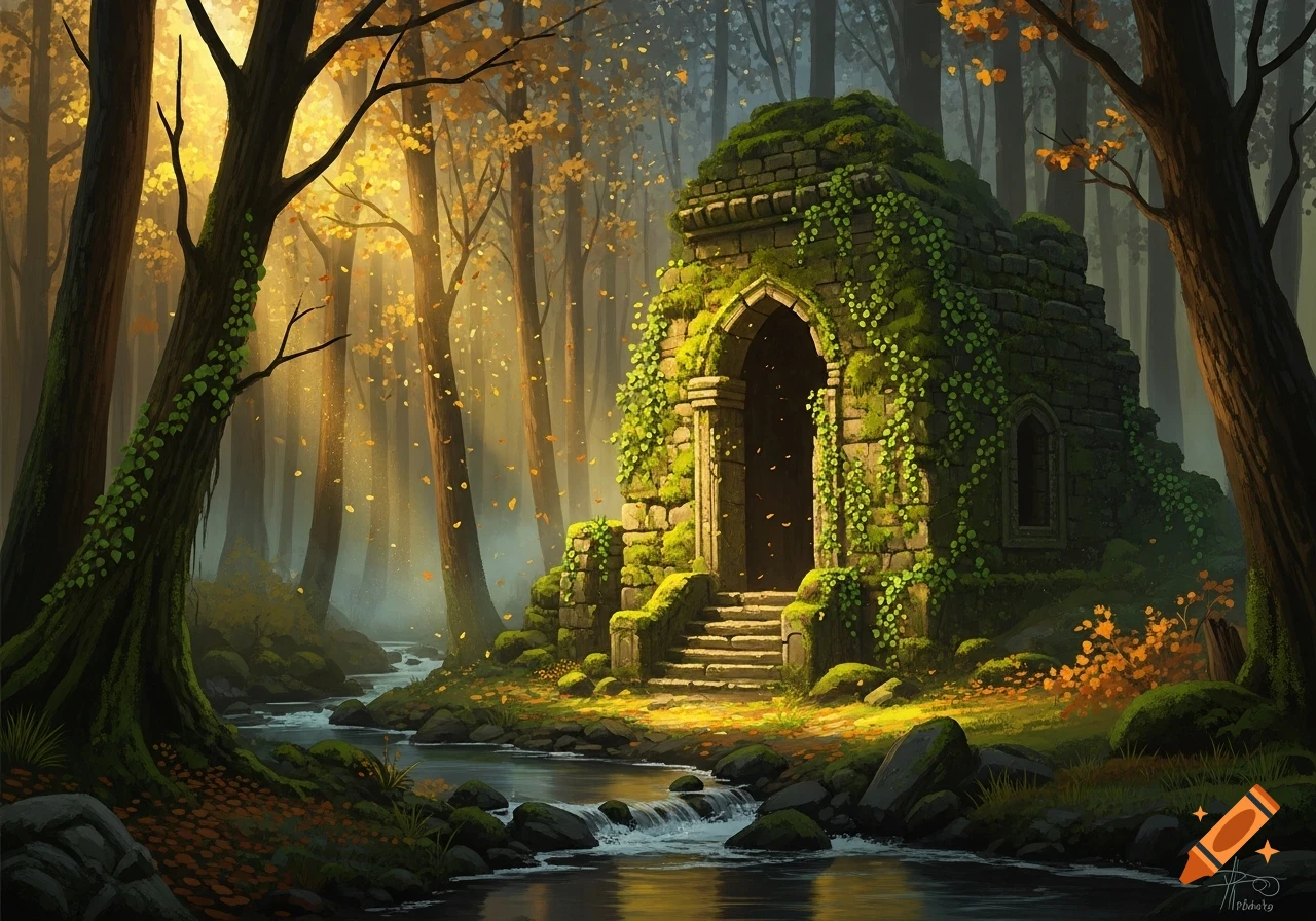 Ancient moss-covered ruins in an enchanted forest with a stream, golden light filters through autumn leaves in digital painting style.