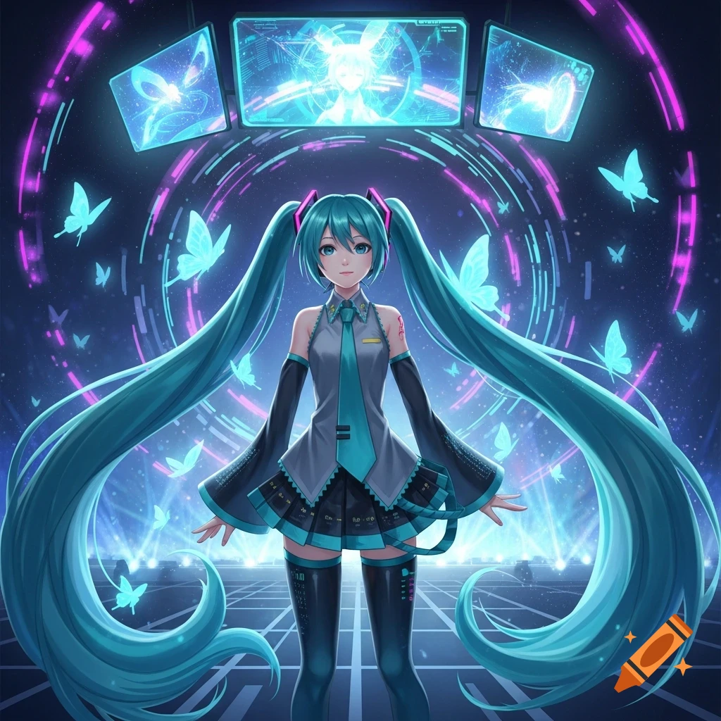 Hatsune Miku in a digital concert, surrounded by glowing rings, screens with abstract displays, and luminous butterflies.